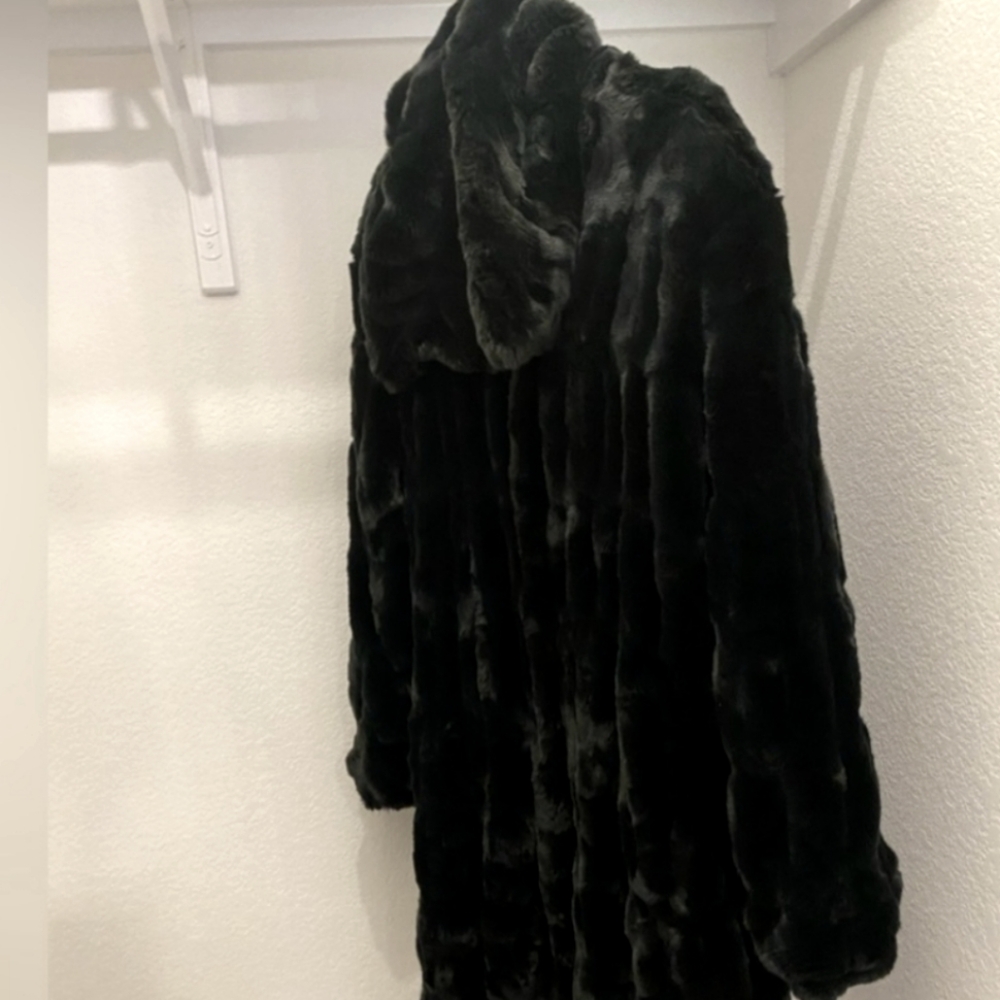 Fabulous Furs Luxe Black Long Faux-Fur Hooded Trench Coat - Picture 7 of 9